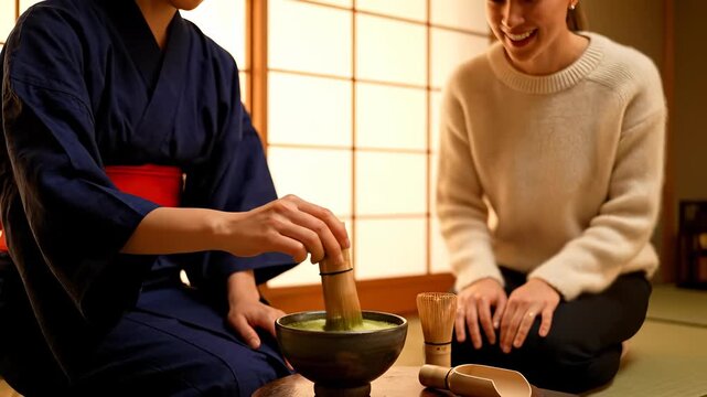 Traditional Japanese matcha tea ceremony with an East Asian woman in a kimono whisking vibrant green tea, as another adult woman observes indoors.