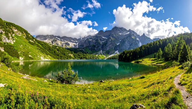 A pristine alpine lake reflects the surrounding mountain range under a vibrant blue sky dotted with fluffy white clouds, meadows blooming