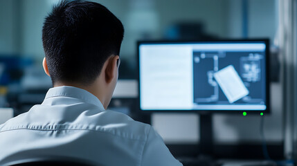 Engineer works on a computer with a technical blueprint, design, or diagram displayed on the screen, indicating precision and specialized expertise in tech or engineering.