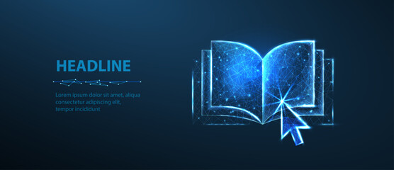 Arrow pointer clicking on digital book. Online library, e-education technology, distant study, educational resources, guide course, ebooks app, online seminar, e-learning resources concept.

