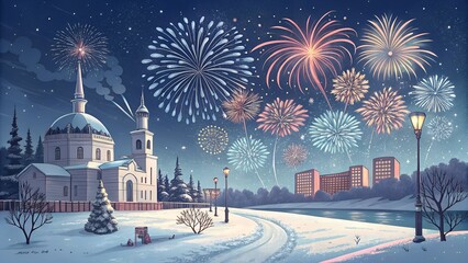 Christmas party and snow beside a roadside church