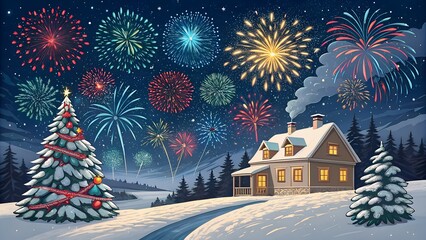 new year party and fireworks at a church area