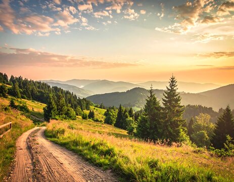 A scenic mountainous landscape at sunset, featuring a dirt road winding towards distant peaks and a vibrant, colorful sky. Lush greenery and coniferous trees enhance the view