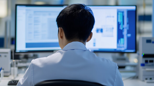 Researcher analyzes data on computer screen. Scientific process. Scientific research. Lab work. Data driven insights. Medical engineering. Technological advances