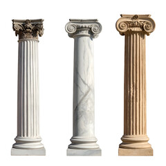 Fototapeta premium Three classical columns Doric, Ionic, and Corinthian with detailed capitals and fluted shafts