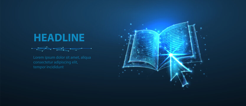 Arrow pointer clicking on digital book. Online library, e-education technology, distant study, educational resources, guide course, ebooks app, online seminar, e-learning resources concept.

