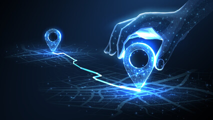 Digital hand set location on map with two pins. AI technology in GPs, innovation delivery, map location, future transport logistic, route path concept. GPs point. New office location, change address

