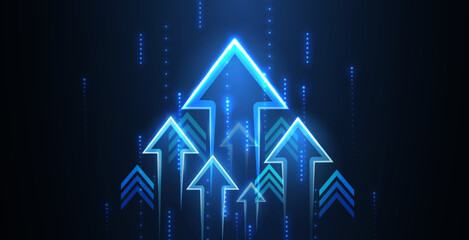 Up arrows on deep blue background space with one big arrow. Business growth, development progress, financial company statistic, hi results, investment grow concept Financial result graph.

