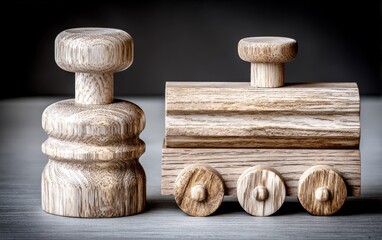 Two wooden toys feature a train with wheels and a round block, perfect for imaginative play by children