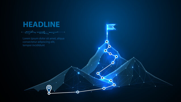 Digital mountain route. Digital technology transformation, overcoming difficulty, achieve business goals, striving for career growth and achievement, strategic plan to reach aims, success concept