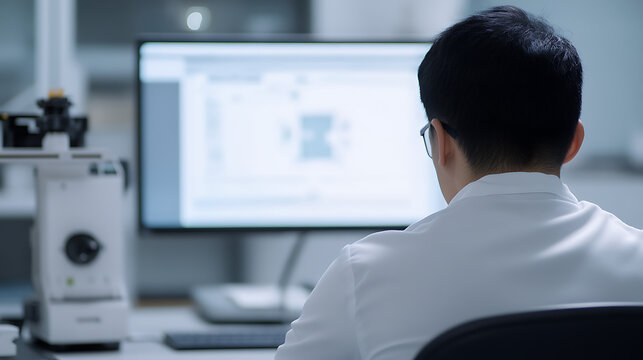 Researcher analyzes data on a computer screen with lab equipment visible on the desk. This image represents scientific research and data analysis.