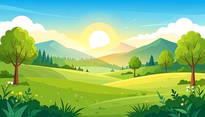 Obraz premium A serene cartoon illustration of a sunny landscape with rolling green hills, trees, and mountains under a clear blue sky. Sun rays illuminate the scene