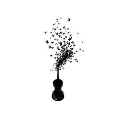 Silhouette of a violin transforming into a flock of birds in flight on a white background image art