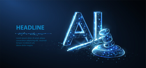 AI and law. Symbolizing the judicial law system and artificial intelligence, this image represents the intersection of jurisprudence and the prohibition or ban of AI. Abstract 3d digital concept

