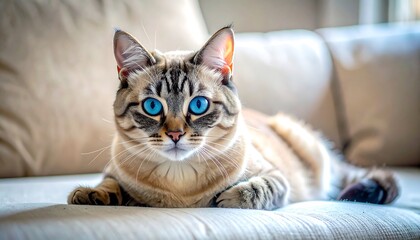 A stunning feline with piercing blue eyes reclines on a soft, neutral-toned sofa. The cat displays intricate tabby markings