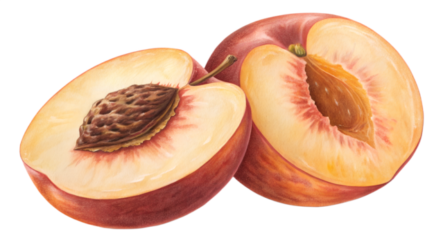 Half-cut peach with visible seed pit and soft fuzz, isolated transparent background, rich color and detail.