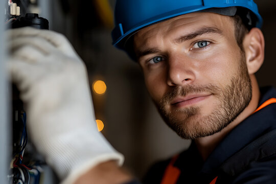 Electrician at work: focused man with beard wearing a blue hard hat and safety gloves checking electrical panel, ensuring safety and precision.