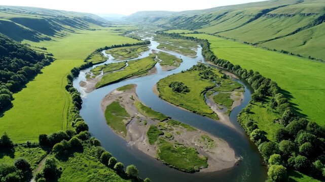 Drone footage flying high above a winding river delta in a vibrant green valley, showcasing intricate natural patterns natural, intricate natural patterns, abstract