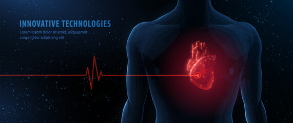 Human heart and body with red cardio line. Abstract 3d vector. Heart anatomy, cardiology medicine, organ health, medical science, life healthcare, cardio illness concept illustration or background

