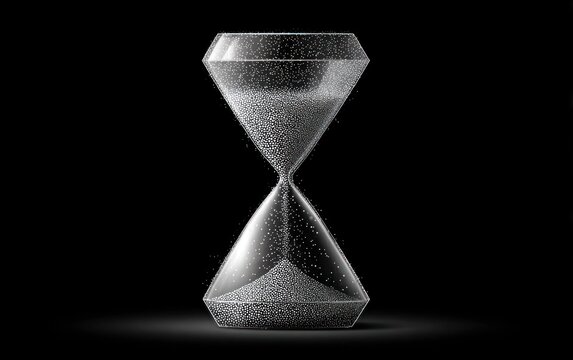 Bubbles move through a transparent hourglass, showing the passage of time in a dark setting