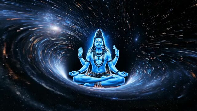 Male hindu god Shiva in meditation pose with blue body and four arms, glowing against swirling space galaxy background, religious concept.