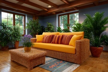 An eco-friendly living room with large plants, natural fabrics, and sunlight. Generative AI