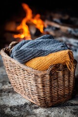 Obraz premium A basket of soft blankets by a crackling fire offers warmth and comfort on a chilly night