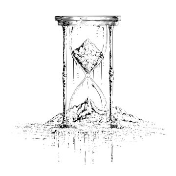 Hourglass filled with mountains and water showing the passage of time in a black and white sketch art