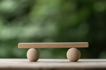 Balancing Act: Wood and Stone 
A minimalist arrangement showing a wooden plank balanced on two stone spheres, creating a moment of quiet equilibrium.