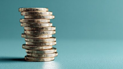 A tall stack of golden coins stands against a smooth teal surface, highlighting the concept of savings and finance