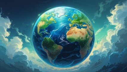 Fototapeta premium Planet Earth Surrounded by Clouds — Global Unity for World Football Day