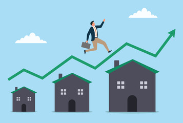 Vector illustration of a businessman running upward on rooftops along a rising graph line, symbolizing real estate growth, housing market success, and increasing property investment opportunities
