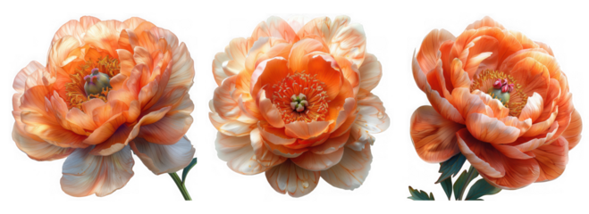 Three delicate peach and orange peonies in full bloom, showcasing intricate petal detail, isolated on a transparent background