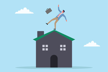 Vector illustration of a businessman losing balance on a house rooftop symbolizing the risks and uncertainties in real estate and property investments
