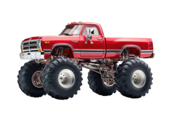 Red monster truck,  profile view,  large tires,  lifted chassis