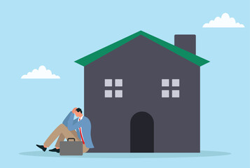 Vector illustration of an upset businessman sitting near a house, representing financial problems, real estate crisis, or challenges in property investment and housing market
