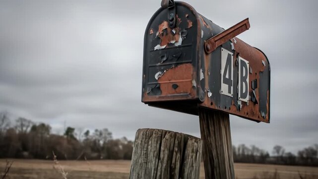 An aged, dilapidated house with a weathered mailbox. Broken windows, peeling paint, and overgrown weeds create a scene of decay and abandonment