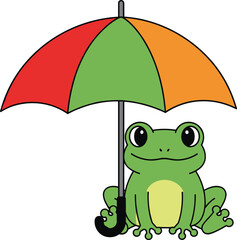 Cartoon frog sitting under colorful umbrella, playful vector illustration, rainy day shelter, cute animal art, whimsical nature character design