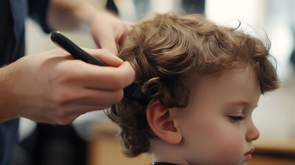 Toddler haircut: a young child with curly hair gets a trim, expertly styled with comb, ensuring a neat and adorable look at the barbershop.
