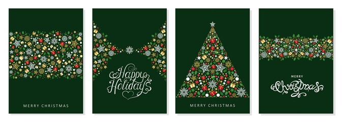 Stylish Christmas card collection with seasonal ornaments, stars, Xmas tree and holly for winter...