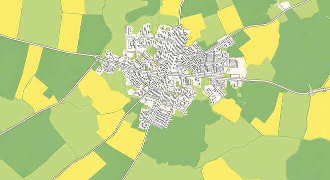 Topographic map of a small town surrounded by farmland, showing buildings and fields