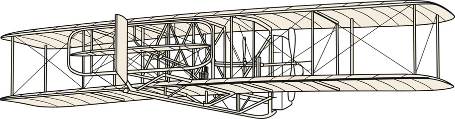 Wright Flyer vintage aircraft line drawing, historic aviation vector, early airplane blueprint, biplane sketch, aeronautical engineering, flight history art © IconicCreations