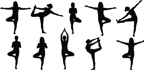 Yoga pose silhouette set, black vector illustration of balance and flexibility, mindfulness, standing postures, wellness art, fitness icon pack