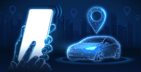Futuristic digital representation of a hand holding a smartphone with a glowing location pin and a car, symbolizing vehicle tracking and smart mobility technology in a blue digital world.