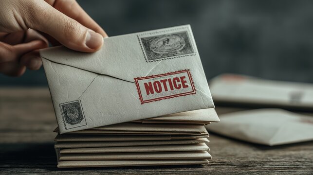 Hand Holding Important Notice Envelope Over Stack