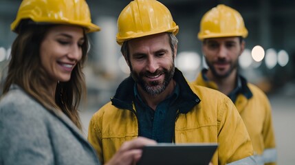 Three professionals in hard hats collaborate over a tablet in an industrial setting