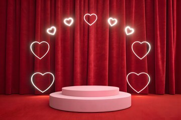 Pink podium with neon heart arch on red carpet and curtains