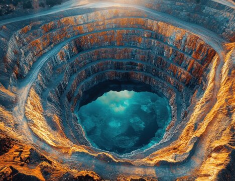 Aerial View of a Geometrically Sculpted Crater With Blue Water At The Bottom Lit By Golden Sunlight