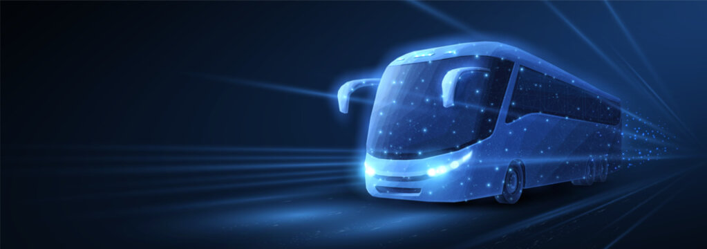 Futuristic digital representation of a bus with glowing blue wireframe design, symbolizing advanced transportation systems and smart mobility technology in a dynamic, high-speed environment.