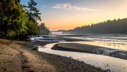 A serene coastal landscape showcases a low tide exposing a sandy beach, a winding river, and dense forest under a soft sunrise sky